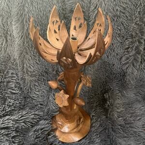 Teak Opening Lotus Lamp Hand Made MCM Mint Condition RARE